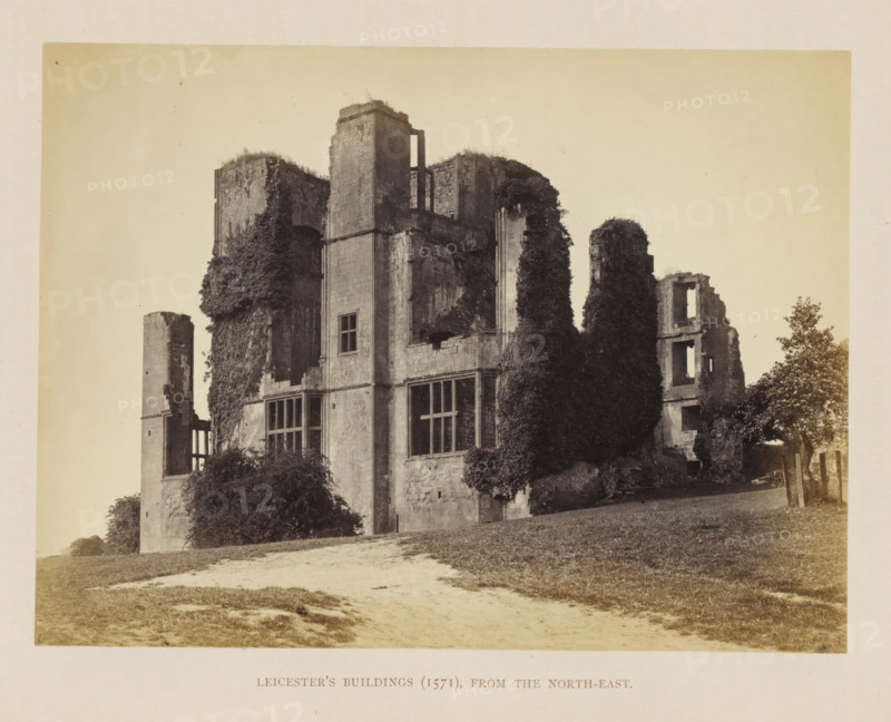 Leicester's Buildings (1571), from the north-east, View of the ruins of the Leicester Towers of Kenilworth Castle, photograph, page, Kenilworth Castle, c. 1862 - in or before 1872, photographer, Kenilworth, paper, albumen print, height 151 mm x width 203 mm, ruin of a dwelling, house, castle, tower, clock tower, monumental adornment, A large stone ruin of a multi-story building occupies the center of the image, with tall vertical walls, window openings, and partial towers showing worn and broken edges. Sections of the structure are covered in dense climbing vegetation that reaches high along the walls and around openings, and some window frames remain visible while others are empty. In front of and around the ruin there is a grassy slope and a dirt path leading toward the foreground. A leafy tree stands to the right of the building near one of the ruined sections, and scattered low shrubs and groundcover dot the base of the walls. The sky above is pale and clear, forming a neutral back...