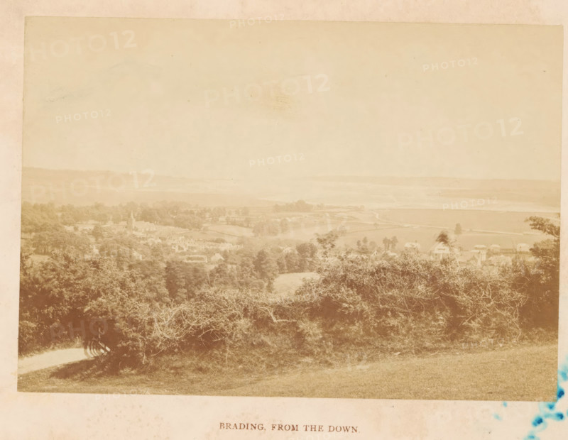 Brading, from the Down, photograph, page, photographer: William Russell Sedgfield, Isle of Wight, c. 1859 - in or before 1869, paper, albumen print, height 100 mm x width 144 mm, Photo on frontispiece., city-view in general, 'veduta', A faded sepia-toned panoramic view showing a landscape with a foreground of grassy slopes and dense scrubby bushes, a midground with clusters of trees and scattered buildings including a structure with a steeple, and a distant horizon of low rolling hills and open fields under a pale sky.
