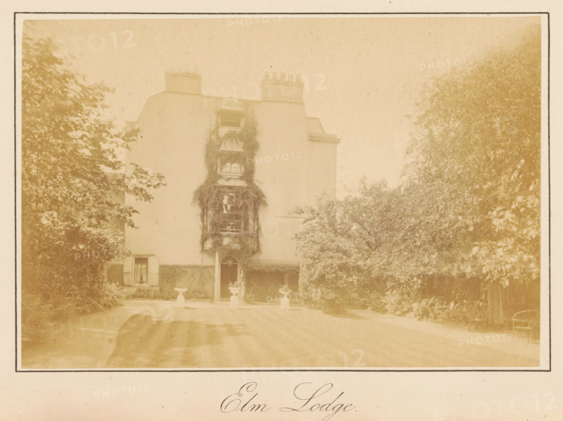 Elm Lodge, photograph, page, photographer: J. Perry, England, c. 1872 - in or before 1882, paper, albumen print, height 103 mm x width 152 mm, garden, housing, façade (of house or building), A faded sepia photograph of a multi-story house with a central entrance and windows, the facade partially covered by climbing foliage around a central vertical section, flanked by trees and shrubs on both sides, a driveway leading up to the entrance with decorative urns positioned near the doorway, chimneys visible at the roofline, and a framed border around the image.
