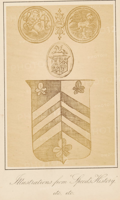 Illustrations from 'Speed's History', photograph, reproduction, page, photographer: J. Perry, after drawing by anonymous, c. 1872 - in or before 1882, J. Perry, photographer, after drawing by, paper, albumen print, height 153 mm x width 103 mm, armorial bearing, heraldry, A sepia-toned drawing showing a large shield with a pointed base and vertical center line, the shield divided into alternating diagonal stripes with a three-leafed floral motif near the top on each side and another floral motif near the base; above the shield are two circular coin-like medallions at the top left and top right featuring profile faces and decorative borders with an ornamental vertical emblem between them, and a small oval crest above the shield depicting a winged horse atop a quartered coat of arms; the image is framed by a thin rectangular border and rests on a pale background.