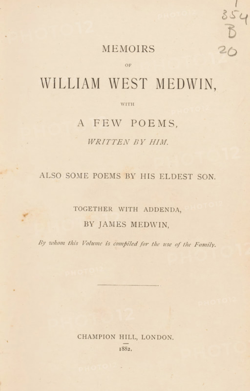 Memoirs of William West Medwin, with a few poems written by him, book, writer (clerical worker): William West Medwin, writer (clerical worker): James Medwin, 1882, writer (clerical worker), pasteboard, biological material, paper, leather, printing, albumen print, snail marbled paper, color on cut, height 217 mm x width 144 mm x thickness 41 mm, A vertically oriented aged book page with centered printed lines of serif text in varying sizes and a narrow horizontal rule near the middle; the paper is a warm off-white with small brown foxing marks and light discoloration, and there are pencil scribbles in the top right corner; margins surround the printed area and the lower portion of the page is largely blank.