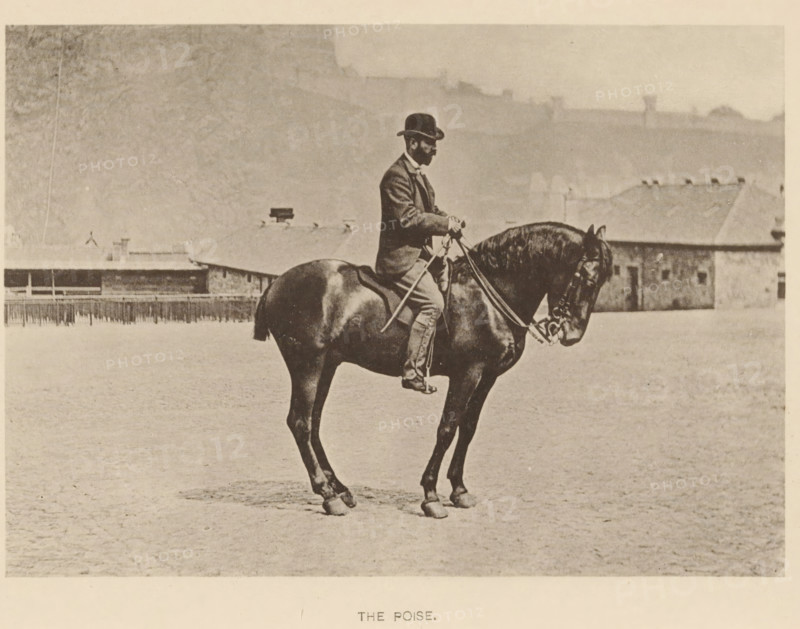 The poise, Man on a horse, page, photomechanical print, photographer: Alexander Nicol (possibly), Edinburgh (possibly), cliché maker: Römmler & Jonas, Dresden, c. 1879 - in or before 1889, paper, collotype, photoprint, height 97 mm x width 137 mm, horse, riding a horse, ass, or mule, rider, horseman, head-gear: bowler hat, A sepia-toned photograph of a man seated upright on a dark horse standing in an open sandy area with low buildings in the background; the man wears a bowler hat, a suit jacket, trousers, and boots, and he holds the reins and a riding crop while looking forward; the horse has a glossy coat, a bridle, and its head slightly lowered, with visible muscular neck and legs; the background shows low rooftops and a fence line under a pale sky.