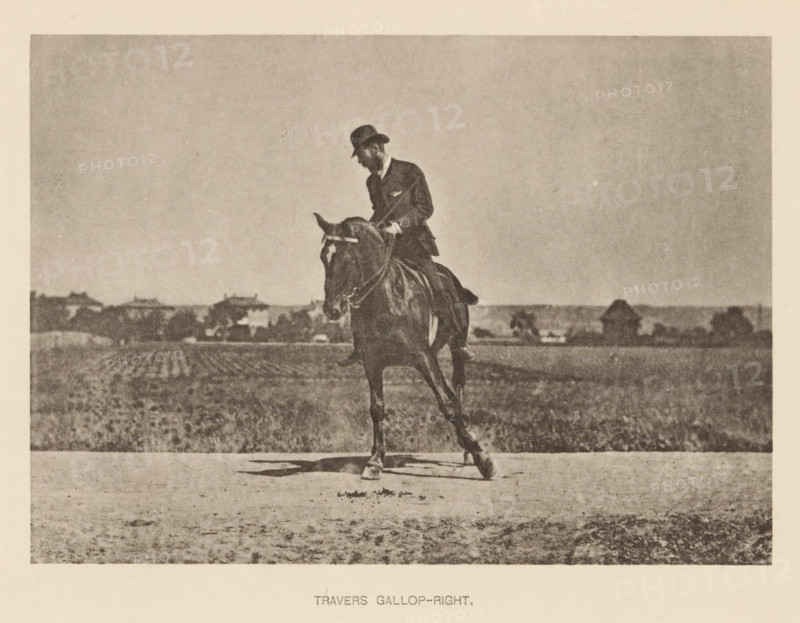 Man on a horse in sideways gallop, Travers gallop-right, page, photomechanical print, cliché maker: Römmler & Jonas, Dresden, c. 1879 - in or before 1889, photographer, paper, collotype, photoprint, height 97 mm x width 136 mm, riding a horse, ass, or mule, rider, horseman, galloping horse, head-gear: bowler hat, A sepia-toned photograph of a man wearing a dark suit and a hat riding a dark horse across an open field with a distant treeline and small buildings on the horizon, the horse shown in mid-stride with its head slightly lowered and the rider looking down toward the animal, shadows falling on the ground beneath them and textured soil in the foreground.