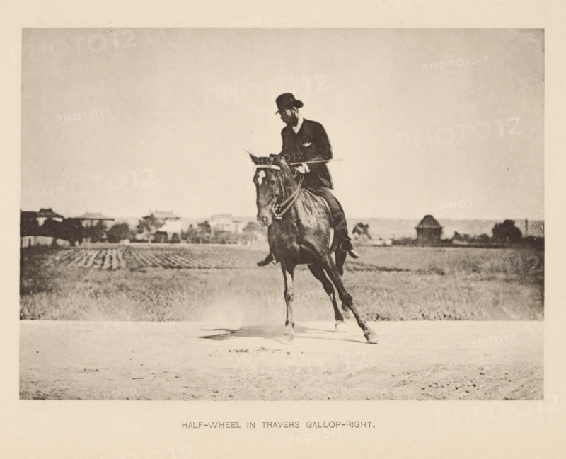 Half-wheel in travers gallop-right, Man on a horse in sideways gallop, page, photomechanical print, cliché maker: Römmler & Jonas, Dresden, c. 1879 - in or before 1889, photographer, paper, collotype, photoprint, height 98 mm x width 138 mm, riding a horse, ass, or mule, rider, horseman, galloping horse, head-gear: bowler hat, A sepia-toned photograph showing a man wearing a dark suit jacket and a hat riding a horse toward the camera across a flat open area, the horse mid-stride with its head slightly lowered and reins visible, a distant low horizon with scattered buildings and vegetation behind them, and a wide expanse of sky above.