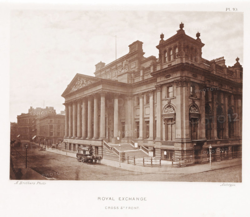 View of the Royal Exchange in Manchester, Royal Exchange Cross St. front, page, photomechanical print, number: 'Pl. 10.', photographer: Brothers, Alfred, Manchester, cliché maker: anonymous, c. 1868 - in or before 1878, printer (person), paper, collotype, photoprint, height 140 mm x width 191 mm, façade (of house or building), Exchange, Bourse, Royal Exchange, A large stone building with a classical façade featuring tall fluted columns supporting a triangular pediment decorated with sculpted figures stands at a street corner, with broad steps leading up to entrances and ornate carved details around windows and doorways; a horse-drawn carriage is parked at the curb near the steps, and a few pedestrians are visible on the sidewalk; the street curves away past rows of multi-story buildings with uniform façades, and the sky above is pale and cloudy.