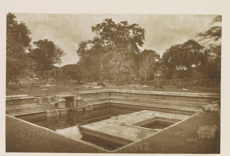Pond near the Ruwanwelisaya stupa in Anuradhapura, Sri Lanka, page, photomechanical print, title: 'POKUNA.', photographer: Henry William Cave, Anuradhapura, clichémaker: anonymous, 1896, South Asia, paper, Woodburygravure, height 125 mm x width 193 mm, Print for page 67., pond, pool, places and objects of worship, Hinduism, Buddhism, Jainism, A stone stepped rectangular pool with layered ledges and square platforms sits in the foreground, its water reflecting the stonework; beyond the pool a grassy area with scattered stones and low piles leads to a line of trees with dense foliage, and a few grazing animals are visible near the treeline; tall trees with broad canopies fill the middle and background under a cloudy sky.