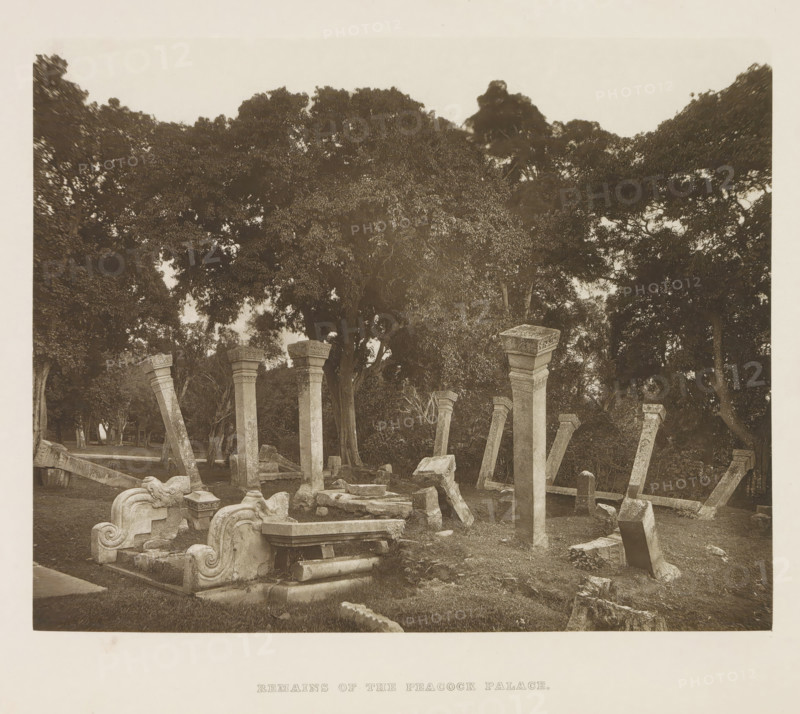 Ruins of the Mayura Pirivena monastic complex at Anuradhapura, Sri Lanka, page, photomechanical print, title: 'REMAINS OF THE PEACOCK PALACE.', photographer: Henry William Cave, Anuradhapura, cliché maker: anonymous, 1896, South Asia, paper, Woodburygravure, height 148 mm x width 185 mm, Print for page 73., column, pillar, architecture, ruin of a dwelling, house, castle, A sepia-toned photograph showing a grassy outdoor area with scattered carved stone architectural fragments and upright stone columns, some leaning and some topped with carved capitals, arranged among low broken walls and ornamental stone scrolls; large dense trees with abundant foliage form a backdrop across the top half of the image, and the ground is strewn with additional stone slabs and rubble.