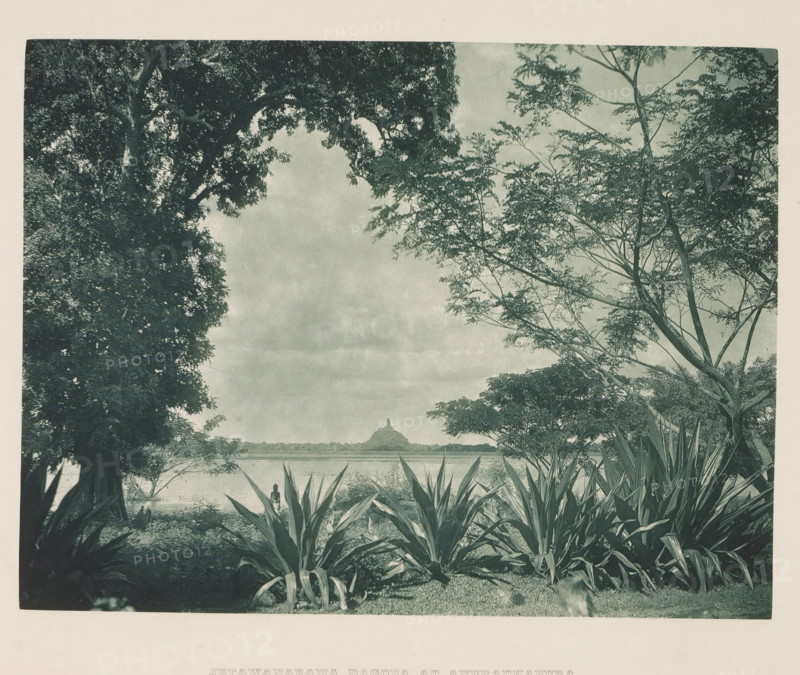 View of the Jetavanaramaya stupa at Anuradhapura, Sri Lanka, page, photomechanical print, title: 'JETAWANARAMA DAGOBA AT ANURADHAPURA.', photographer: Henry William Cave, Anuradhapura, cliché maker: anonymous, 1896, South Asia, paper, Woodburygravure, height 145 mm x width 193 mm, Print for page 75., temple, shrine, Hinduism, Buddhism, Jainism, landscape with ruins, Jetavanaramaya, A framed landscape shows a body of water edged by dense vegetation with large leafy plants in the foreground and tall trees arching from both sides toward the center, their branches and fine leaves forming a canopy against a pale sky; a small silhouetted figure stands near the water’s edge among the plants, and a conical structure rises on a distant shoreline across the water.