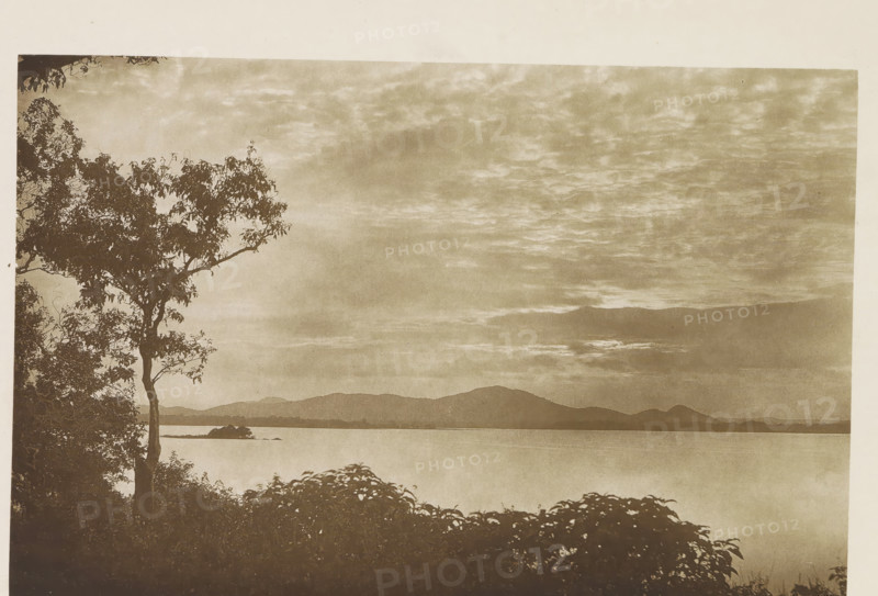 View of the water reservoir at Minneriya, Sri Lanka, page, photomechanical print, title: 'MINNERIA.', photographer: Henry William Cave, Minneriya, cliché maker: anonymous, 1896, South Asia, paper, Woodburygravure, height 126 mm x width 195 mm, Print for page 101., dammed-up lake, A sepia-toned landscape showing a calm body of water stretching toward distant hills under a cloudy sky, a tall tree with leafy branches silhouetted on the left edge, low shrubbery in the foreground, and a small island or rocky outcrop near the shoreline.