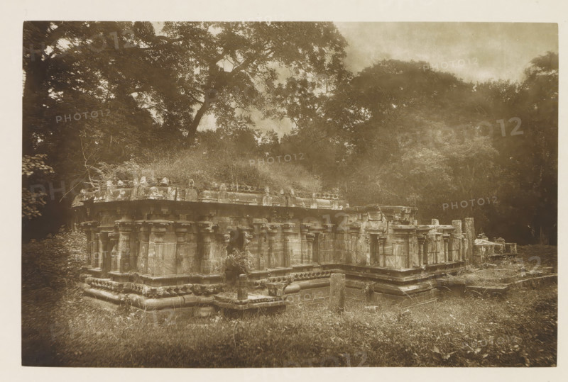Ruins of the Dalada Maligawa temple at Polonnaruwa, Sri Lanka, page, photomechanical print, title: 'DALADA MALIGAWA AT POLONNARUWA.', photographer: Henry William Cave, Polonnaruwa, cliché maker: anonymous, 1896, South Asia, paper, Woodburygravure, height 124 mm x width 193 mm, Print for page 119., temple, shrine, Hinduism, Buddhism, Jainism, ruin of a building, architecture, A sepia-toned photograph shows a stone structure with ornate columns and carved details, appearing low and rectangular with layered bases and a raised platform; the stonework displays weathered surfaces, rounded moldings, and sculpted elements along the top edge. Surrounding the structure is overgrown grass and low vegetation, with a dense backdrop of tall trees whose branches and foliage form a canopy above and behind the ruins. The scene is framed by darker shaded foliage at the sides, and the sky above the trees is lighter in tone, creating contrast with the silhouetted tree forms.