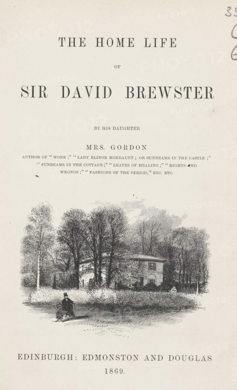 The home life of Sir David Brewster, book, writer (clerical worker): Margaret Maria Gordon, publisher: Edmonston & Douglas, Edinburgh, 1869, writer (clerical worker), textile materials, paper, linen (material), Woodburytype, height 201 mm x width 140mm x thickness 35mm, A pale page with dark printed lines forms a title layout above an engraved scene; the upper area is mostly empty space with centered rows of large, bold letterforms, and a smaller line of text beneath them. The engraved illustration shows a cluster of tall leafed trees and bare-branched trees surrounding a rectangular two-story building with an arched doorway and windows, set behind low shrubbery. In front of the trees a man wearing a top hat sits in a small wheeled carriage or chair on a grassy area, and the foreground shows textured grass and shadowing. The bottom edge of the page displays a wide band of printed text in a large typeface across the page.