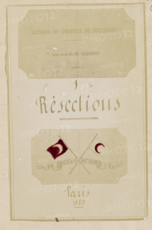 Photo reproduction of the title page of the book, photograph, reproduction, page, after design by anonymous, 1880, photographer, paper, albumen print, hand coloring, height 186 mm x width 118 mm, book, title-page, A vertical, aged paper document with a faded rectangular decorative border and rounded corner cutouts, showing a pale beige background and darker beige panels. In the upper portion there is a large faded rectangular panel with an even paler interior and some small scuffs and speckles. Below it, centered stylized calligraphic lettering appears in a darker beige tone. Further down a horizontal emblem panel contains two crossed staffs and two small flags rendered with dark red paint and pale beige fills, and a ribbon-like banner beneath the crossing. The lower area shows faint cursive-style lettering in the same darker beige and a thin horizontal rule, with signs of foxing, small stains, and slight tears along the bottom edge. The overall image exhibits worn paper texture, disco...