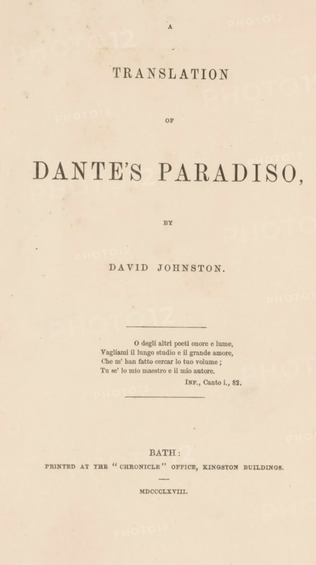 Translation of Dante's Paradiso, book, writer (clerical worker): Dante Alighieri, writer (clerical worker): David Johnston, 1868, Dante Alighieri, David Johnston, writer (clerical worker), textile materials, paper, linen (material), albumen print, color on cut, height 220 mm x width 145mm x thickness 20mm, A vertically oriented aged page with a pale tan background and darker speckles, showing large centered lines of serif printed text in various sizes, horizontal dividing lines, and a short block of smaller centered printed lines toward the middle, all set with ample blank margins and slight discoloration spots across the surface.