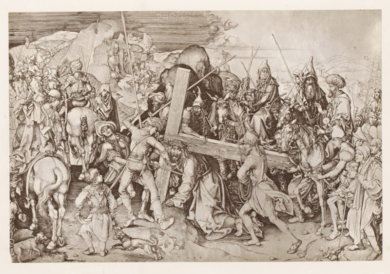 Photo reproduction of a print, depicting Christ carrying the cross, photograph, reproduction, page, after print by Martin Schongauer, c. 1859 - in or before 1869, Martin Schongauer, photographer, after print by, paper, albumen print, height 124 mm x width 186 mm, Christ collapsing, carrying of the cross, A crowded monochrome scene rendered in fine linework shows a central bearded figure wearing a crown of thorns leaning forward under a large wooden beam carried and pushed by several men and surrounded by soldiers, riders, and onlookers; horses with bridles and decorative tack appear amid spears and long poles held upright, and various people wear hats, helmets, cloaks, and robes with detailed folds and textures while some figures gesture or grasp at the beam. In the foreground a small child stands with hands on hips near a dog at the figures' feet, and other dogs and animals appear among boots and sandaled feet. To the left a horse seen from behind and a procession of people climb a ro...