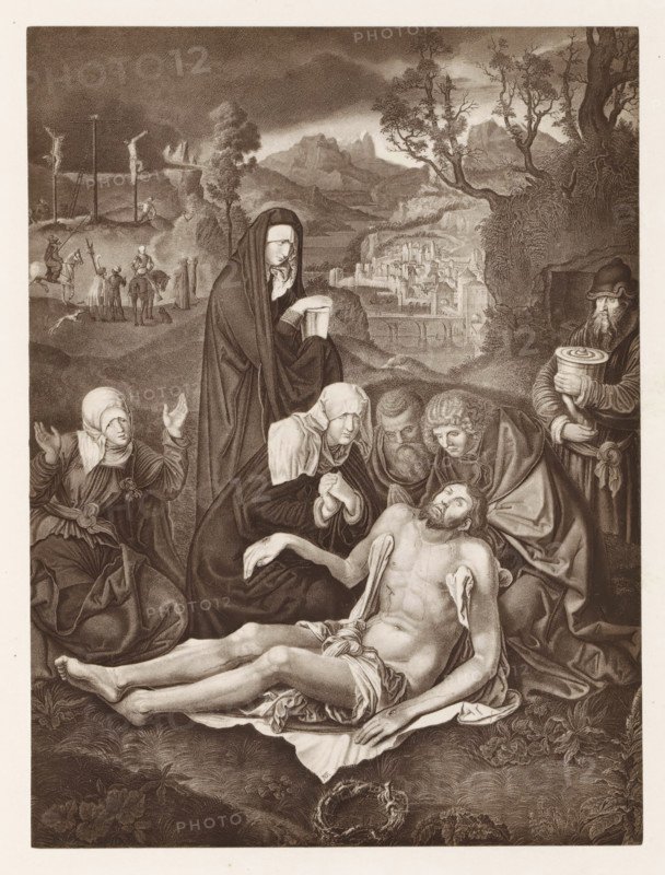 Photo reproduction of a print after a painting, depicting the Descent from the Cross, photograph, reproduction, page, after print by anonymous, after painting by Albrecht Dürer (attributed to), c. 1859 - in or before 1869, photographer, after print by, Attributed to, paper, albumen print, albumendruk, height 177 mm x width 129 mm, Christ is laid down, descent from the cross, A monochrome engraving depicting a group of mourners gathered around a limp, partially draped male figure lying on the ground, his head tilted back and eyes closed. Surrounding him are figures in long robes and head coverings, some with clasped hands and sorrowful faces, one woman raising her hands, another woman in a dark cloak holding a cloth and a vessel. Behind the group a bearded man in a hood holds a round lidded container. In the background a hilly landscape stretches toward distant rocky peaks and a fortified town with bridges, while on a ridge to the left three crucifixes stand with small figures and rider...