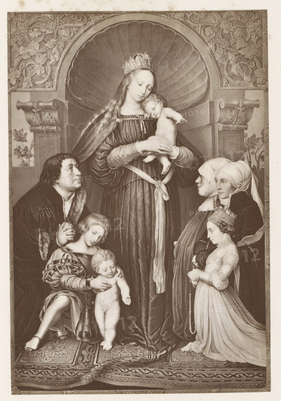 Photo reproduction of a print after the painting Darmstadt Madonna, photograph, reproduction, page, after print by anonymous, after painting by Hans Holbein (II), c. 1859 - in or before 1869, photographer, after print by, paper, albumen print, height 185 mm x width 122 mm, Madonna: ie Mary with the Christ-child (donor(s), supplicant(s), whether or not with patron saint(s)), A crowned woman in a long flowing robe stands beneath a scallop-shaped niche holding a small nude child who rests against her shoulder, while a man kneels to her left looking upward and clasping his hands, a young boy beside him supports another small nude child, and on the right two women in head coverings stand facing inward with a girl in a detailed gown and ornate headdress kneeling and holding a string of beads; architectural columns with carved foliage and decorative panels flank the niche, and an ornate patterned carpet covers the floor beneath the group.