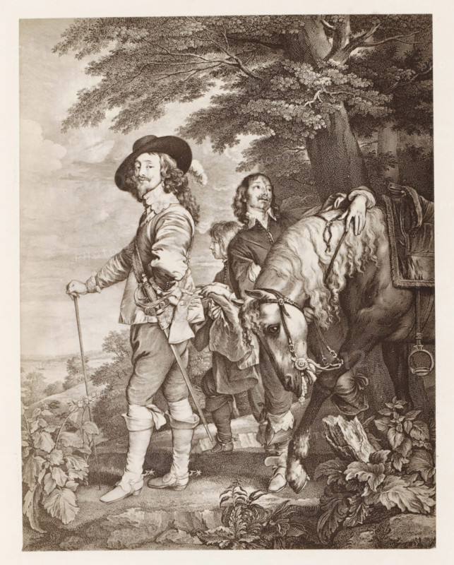 Photographic reproduction of a print after the painting Le Roi à la chasse, photograph, reproduction, page, after print by anonymous, after painting by Anthony van Dyck, c. 1859 - in or before 1869, photographer, after print by, paper, albumen print, height 163 mm x width 127 mm, ruler, sovereign, horse, hunting, chase, A detailed monochrome engraving shows three men standing beneath a large tree beside a horse with a decorated bridle; the man in front wears a wide-brimmed hat with a feather, a ruffled collar, a doublet, breeches, and high boots, and he holds a walking cane while looking outward; behind him a younger man in similar period clothing is partially visible and looks down, while a third man stands nearer the horse with his hand resting on its mane and wears a collar and cloak; the horse's head is lowered and its mane falls in wavy locks, and ornate tack and a hanging strap are visible; the ground around them features foliage and large leaves, and the background includes a di...