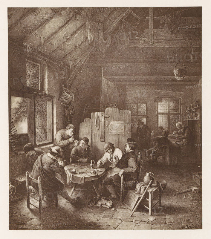 Photo reproduction of a print after a painting, depicting the interior of an inn, photograph, reproduction, page, after print by anonymous, after painting by David Teniers, c. 1859 - in or before 1869, photographer, after print by, paper, albumen print, height 126 mm x width 189 mm, inn, coffee-house, public house, interior, representation of a building, An interior scene shows a dimly lit room with exposed rafters and wooden beams, baskets and objects hanging from the ceiling, leaded windows with diamond panes, and a central table covered with a cloth where several seated people lean in and interact; one person pours from a small vessel while others hold pipes or cups, and a dog lies on the floor nearby; wooden chairs, stools, a folding screen with a mounted image, shelves with vessels and tools, a jug on a stool, scattered small objects on the tiled floor, and a doorway opening to an exterior view are also visible.