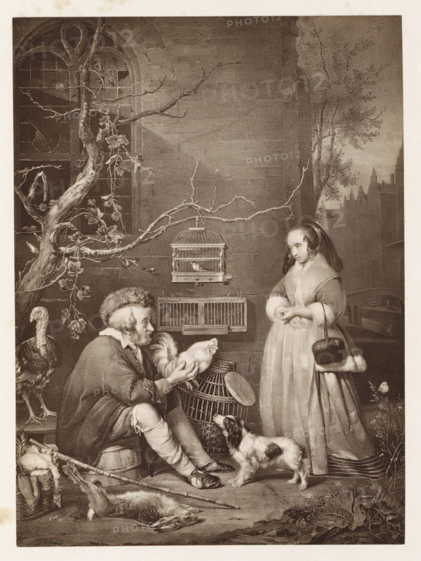 Photo reproduction of a print after a painting, depicting an old man selling birds, photograph, reproduction, page, after print by anonymous, after painting by Gabriël Metsu, c. 1859 - in or before 1869, photographer, after print by, paper, albumen print, height 175 mm x width 128 mm, merchant, salesman, birds, A sepia-toned scene shows a seated older man holding a rooster while facing a standing young woman in a long dress and cloak who holds a small muff-like bag; a small dog stands alert between them looking up at the man; a wicker basket and a covered cage sit near the man and more cages hang on the wall behind; a bare twisted tree branch grows near a tall arched window with decorative panes on the left and delicate foliage climbs the wall on the right with distant rooflines beyond; a turkey stands behind the man and game animals lie on the ground in the foreground.