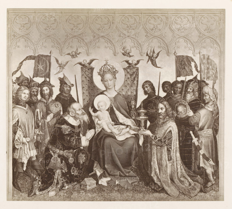Photo reproduction of a print after a painting, depicting the Adoration of the Magi, photograph, reproduction, page, after print by anonymous, after painting by Stefan Lochner, c. 1859 - in or before 1869, photographer, after print by, paper, albumen print, height 132 mm x width 146 mm, adoration of the kings: the Wise Men present their gifts to the Christ-child (gold, frankincense and myrrh), A central seated woman wearing a crown holds a baby on her lap, both with halos, surrounded by a group of standing and kneeling figures in ornate robes and armor; two tall decorated banners rise behind the central figures, and small winged cherubs fly near the top; the background features an arched decorative frieze with repeating carved motifs; several men hold objects such as a chalice, a spherical object, and staffs, and flags with torn edges appear at the sides; detailed patterned fabrics, embroidered cloaks, and richly textured garments cover the figures, and a small ornate box rests on the ...