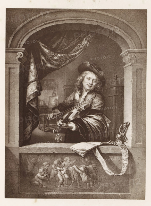 Photo reproduction of a print after a painting, depicting a violin player, photograph, reproduction, page, after print by anonymous, after painting by Gerrit Dou, c. 1859 - in or before 1869, photographer, after print by, paper, albumen print, albumendruk, height 172 mm x width 128 mm, violin, fiddle, one person playing string instrument (bowed), A framed sepia engraving shows a smiling man with long hair wearing a wide-brimmed hat and a draped cloak, positioned behind a stone ledge and holding a violin and bow in his hands. He stands beneath a rounded archway with carved pilasters on either side and patterned drapery hanging to one side. Behind him an interior space contains an easel, a small table, and a globe-like object. On the ledge in front of him lie folded sheets of paper and a decorative sword with an ornate hilt and a long, patterned strap that hangs down. Below the ledge is a carved relief panel depicting a group of cherubic children interacting with a small goat. The image ...