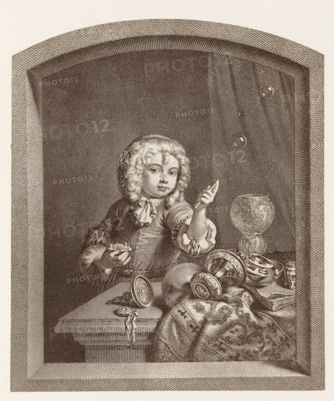 Photo reproduction of a print after a painting, depicting a boy blowing bubbles, photograph, reproduction, page, after print by anonymous, after painting by Frans van Mieris, c. 1859 - in or before 1869, photographer, after print by, paper, albumen print, height 154 mm x width 113 mm, (children or putti) blowing bubbles, 'Homo Bulla', scene symbolizing 'Vanitas', bubble-blowing (children's games and plays), A sepia-toned engraving shows a child with curly hair and a ribbon, wearing a ruffled collar and puffed sleeves, seated behind a table. The child holds a small round object in one hand and gestures with the other toward floating translucent bubbles. The table is cluttered with ornate goblets and metal vessels, some overturned, and a patterned cloth draped over the edge. A decorative goblet stands upright near the child, and a few scattered small objects lie on the table surface. The scene is set within an arched niche framed by textured shading.