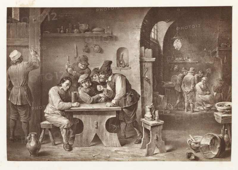 Photo reproduction of a print after a painting, depicting the interior of an inn, photograph, reproduction, page, after print by anonymous, after painting by Adriaen van Ostade, c. 1859 - in or before 1869, photographer, after print by, paper, albumen print, height 153 mm x width 130 mm, hotel, hostelry, inn, interior, representation of a building, A sepia-toned scene of an interior with wooden beams and a brick archway, showing a group of men gathered around a sturdy wooden table where one man sits on a small stool holding a tall mug while others lean in close, one man clasping another's hand and another standing behind holding a small tankard; nearby a man seen from behind stands with a hand on a doorframe, and various pottery and pitchers sit on the floor and on shelves; the background through the archway reveals more people clustered near a hearth and shelves with bowls and utensils, hanging poultry suspended from a hook, barrels and buckets on the floor, and a small window set int...
