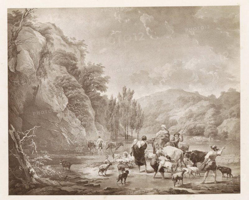 Photo reproduction of a painting, depicting a company crossing a river, photograph, reproduction, page, after painting by Nicolaes Pietersz Berchem, c. 1859 - in or before 1869, photographer, paper, albumen print, height 128 mm x width 162 mm, crossing a river, A sepia-toned landscape showing a rocky cliff with trees on the left and rolling hills in the background under a clouded sky, a shallow water crossing in the foreground with sheep and cattle wading, several people guiding the animals including a figure seated on a mule and others standing or bending, one person holding a long staff, leafy trees rising near the center, and a dog among the animals.
