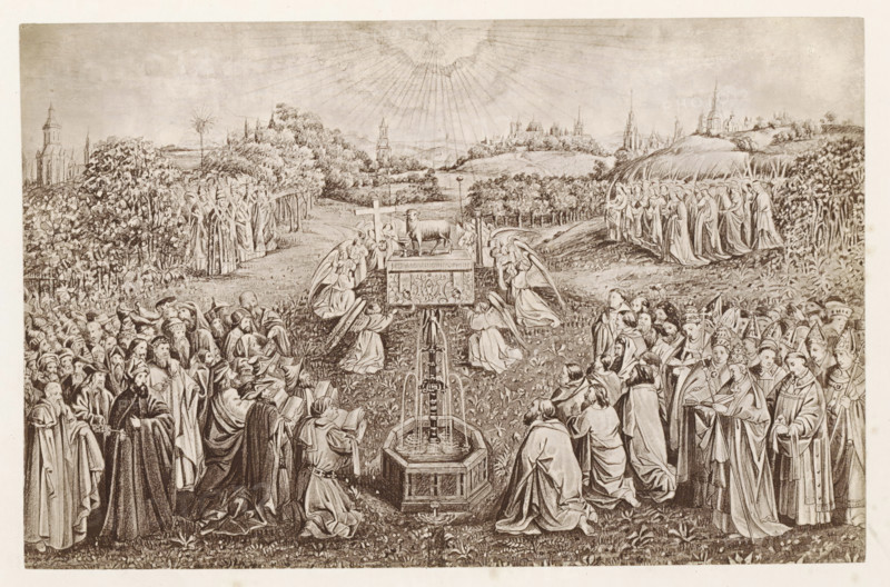 Photo reproduction of a print after a painting, depicting Luke drawing the Madonna, photograph, reproduction, page, after print by anonymous, after painting by Rogier van der Weyden, c. 1859 - in or before 1869, photographer, after print by, paper, albumen print, height 166 mm x width 132 mm, St. Luke painting or drawing the Madonna (i.e. Mary and the Christ-child), sometimes Joseph present, A wide detailed engraving showing a large outdoor gathering of robed figures arranged on either side of a central ornate structure and a fountain, with many figures kneeling and standing in clusters wearing long flowing garments and head coverings; angels with wings are positioned near a decorated box atop a pedestal in the center, and a lamb stands beside the box near a cross; the foreground is filled with closely packed people including figures wearing miters and crowns, holding books and staffs, while the midground shows rows of trees and groups of standing figures extending into the landscape; ...