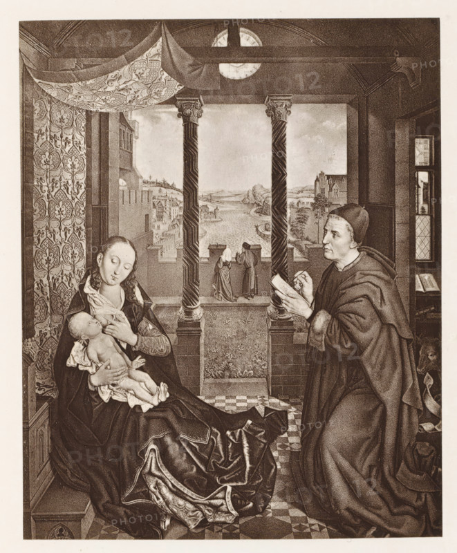 Photo reproduction of a print of a painting, depicting the Adoration of the Magi, photograph, reproduction, page, after print by anonymous, after painting by Rogier van der Weyden, c. 1859 - in or before 1869, photographer, after print by, paper, albumen print, height 132 mm x width 150 mm, adoration of the kings: the Wise Men present their gifts to the Christ-child (gold, frankincense and myrrh), A seated woman cradles an infant against patterned drapery while a robed man stands opposite holding a small book and a writing instrument; they are inside a room with a tiled floor and ornate twisted columns framing an open view to a river and distant buildings, with two small figures standing on a balcony outside and a circular window near the ceiling above.