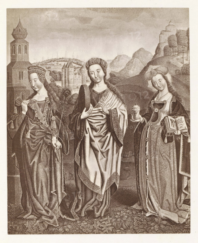 Photo reproduction of a print of a painting, depicting Saint Barbara, Christina of Bolsheviks and Mary Magdalene, photograph, reproduction, page, after print by anonymous, after painting by Quinten Massijs (I), c. 1859 - in or before 1869, photographer, after print by, paper, albumen print, albumendruk, height 164 mm x width 131 mm, the penitent harlot Mary Magdalene, possible attributes: book (or scroll), crown, crown of thorns, crucifix, jar of ointment, mirror, musical instrument, palm-branch, rosary, scourge, the virgin martyr Barbara, cannon(ball), cross, chalice with wafer, Dioscuros (her father), peacock feather, sword, torches, mason's tools, tower, the virgin martyr Christina of Bolsena, possible attributes: arrow(s), book, flames, millstone, tongs, snake, wheel, Three women stand side by side wearing long flowing robes and ornate headpieces, each with closed or downcast eyes and serene facial expressions. The woman on the left holds a palm frond and wears a jeweled crown and ...