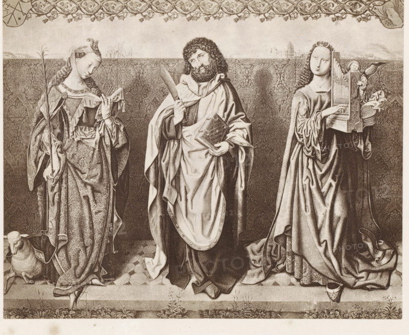 Photo reproduction of a print of a painting depicting Saint Bartholomew, Agnes and Cecilia, photograph, reproduction, page, after print by anonymous, after painting by Master of the Bartholomew Altar, c. 1859 - in or before 1869, Master of the Bartholomew's Altar, photographer, after print by, after painting by, paper, albumen print, height 128 mm x width 160 mm, the virgin martyr Cecilia of Rome, possible attributes: falcon, musical instruments, organ, wreath of roses and lilies, the apostle Bartholomew, possible attributes: book, devil or dragon at feet, knife, scroll, flayed skin, staff, the virgin martyr Agnes of Rome, possible attributes: lamb, ring, A grayscale, highly detailed drawing of three robed figures standing side by side against a patterned background, with a decorative band along the top; the central figure is a bearded man wearing layered drapery and holding a book in one hand and a long narrow object in the other, his cloak falling in folds to the patterned floor; the...