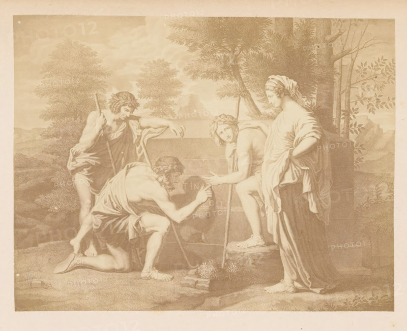 Photo reproduction of a print after the painting Et in Arcadia ego, photograph, reproduction, page, after print by anonymous, after painting by Nicolas Poussin, c. 1851 - in or before 1861, photographer, after print by, paper, albumen print, height 111 mm x width 144 mm, Photo on frontispiece., 'Et in Arcadia ego', A sepia-toned classical scene shows four figures in draped garments gathered around a stone basin in a wooded landscape; one figure kneels and leans forward with an outstretched arm, another stands behind holding a staff and wearing a laurel wreath, a third sits on the basin edge with a staff and a wreath on the head while looking toward the viewer, and a fourth stands to the right with a draped head covering and one hand on the hip; trees with leafy branches rise behind them and rocky terrain extends into the background.