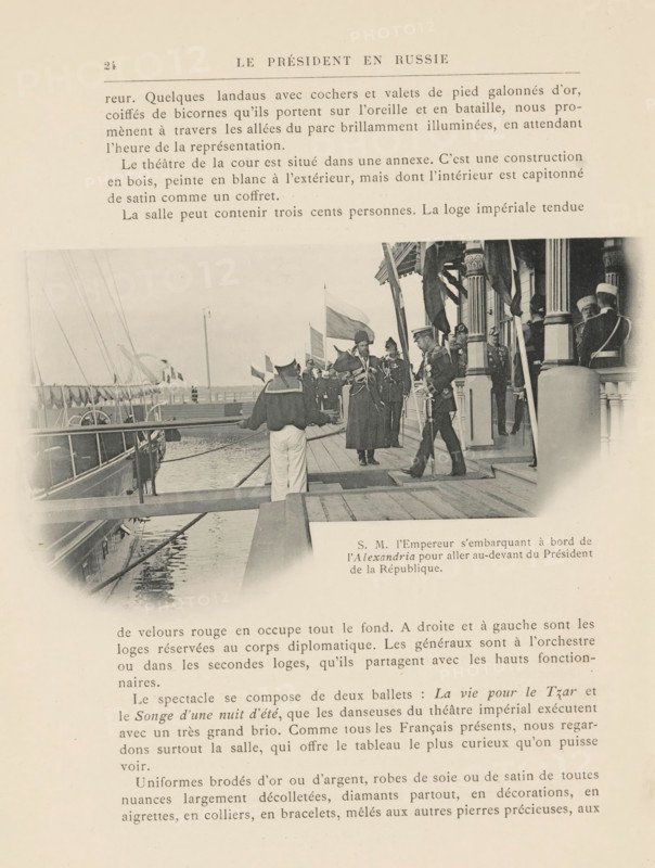 Tsar Nicholas II of Russia boards the yacht Alexandria, page, photomechanical print, inscription: 'SM l'Empereur, de la République.', 1897, paper, collotype, photoprint, height 92 mm x width 152 mm, Person, Nicholas II Alexandrovich (Tsar of Russia), sailing-ship, sailing-boat, ruler, sovereign, A faded black-and-white photograph shows a wooden dock extending over water with a sailing vessel moored alongside, visible rigging and a lifeboat on deck, while a group of men in formal military uniforms and ceremonial headwear stand on the dock and on a decorated pavilion with ornate columns and draped flags, one man facing away wearing a dark jacket and light trousers, others wearing long coats and ornate sashes, with a few figures clustered near the pavilion entrance and a flagstaff visible in the background.