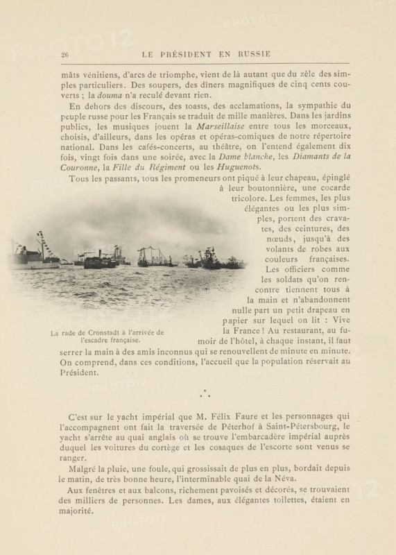 French squadron arriving in the harbor of Kronstadt, page, photomechanical print, inscription: 'La rade, française.', 1897, paper, collotype, photoprint, height 53 mm x width 99 mm, ships (in general), A faded page from a printed book showing a large block of French text with a centered heading near the top. Near the middle left of the page there is a small oval photographic vignette of a harbor scene with multiple ships on calm water and a low cloud or haze above them. The printed text surrounds the photograph and continues below it, and there are visible page margins and a page number at the top corner. The paper has an aged, slightly yellowed appearance.