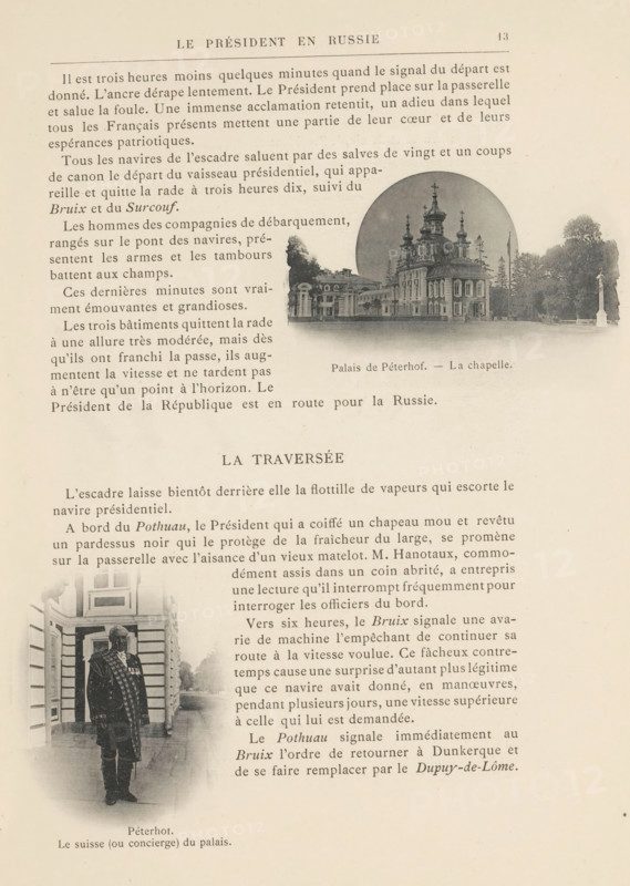 View of the chapel of the Peterhof palace complex and the caretaker, page, photomechanical print, inscription: 'Palais de Péterhof, du palais.', 1897, paper, collotype, photoprint, height 277 mm x width 200 mm, Prints on page 13., facade (of house or building), church (exterior) - QQ - small church, chapel, house-guard, doorkeeper, janitor, Saint Petersburg, Leningradskaya, Peterhof, Peterhof Palace Complex, A sepia-toned page from an old book with printed columns of text and a circular vignette image of an ornate baroque building with domes and spires set among trees, and a rectangular photograph inset showing a man in a dark uniform standing in front of a building entrance, the page showing aged paper texture and margins.
