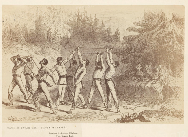 Dabse du Bacchu-Ber. -Figure des Carrés, Photo reproduction of a drawing of dancers doing the folk dance Bacchu-ber, photograph, reproduction, page, photographer: Marais, after drawing by E. Guigues, 1866, paper, albumen print, albumendruk, height 136 mm x width 210 mm, drawing, sketch, group of men (folk dancing), A sepia-toned sketch shows a group of men standing in a line outdoors, each holding a long pole overhead with both hands and leaning back with bent knees; they wear simple shirts, trousers, and sashes at their waists, and several have caps or headbands. To the right, a group of seated women in dresses and shawls sit beneath tree branches, their hands folded or resting in their laps, facing the men. The background features dense trees and foliage, with tall evergreens and a textured forested hillside, and the ground in the foreground is uneven with small plants and shaded areas.