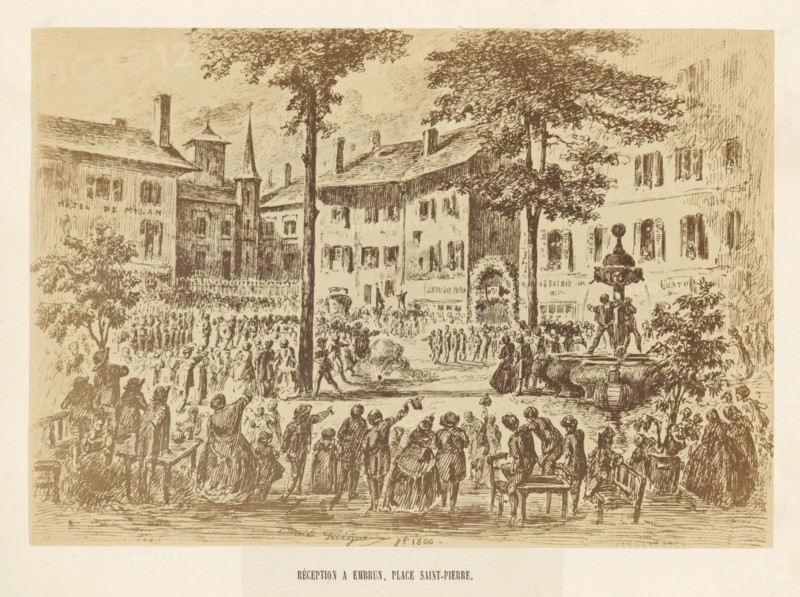 Photo reproduction of a drawing of a reception in Embrun after the unveiling ceremony of the statue of Charles-François de Ladoucette by Jean Marcellin in Gap, Réception a Embrun, Place Saint-Pierre, photograph, reproduction, page, photographer: Marais, Embrun, after drawing by E. Guigues, 1866, Provence-Alpes-Côte d'Azur, paper, albumen print, albumendruk, height 151 mm x width 216 mm, public festivities, drawing, sketch, A sepia-toned etching of a town square scene with many people gathered, showing buildings with pitched roofs and shuttered windows in the background, tall trees rising above the roofs, and a multi-tiered fountain with a sculptural figure in the foreground; crowds of men, women, and children stand and gesture across the square, some gathered near a raised platform and others along railings and benches, while a group forms around an archway or decorated entrance among the buildings; figures wear period clothing with long skirts, coats, and hats, and small architectural...