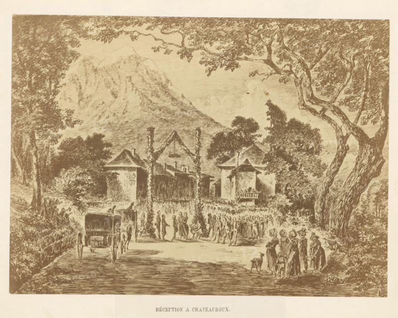 Photo reproduction of a drawing of a reception in probably Châteauroux after the unveiling ceremony of the statue of Charles-François de Ladoucette by Jean Marcellin in Gap, Réception a Chateauroux, photograph, reproduction, page, photographer: Marais, Châteauroux, after drawing by E. Guigues, 1866, paper, albumen print, albumendruk, height 157 mm x width 212 mm, public festivities, drawing, sketch, A sepia-toned illustration shows a mountainous backdrop framed by tall, leafy trees with twisting trunks and branches; in the middle ground there are buildings with pitched roofs and an entrance framed by vertical garlands, flanked by dense clusters of trees and shrubbery; in the foreground a carriage with visible wheels and a driver is positioned on a road where groups of people stand and walk, including adults and children in period clothing, some clustered in conversation and others forming a procession, with a dog near a small group at the right edge.