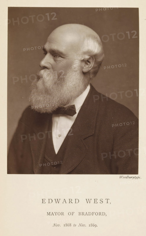 Portrait of Edward West, Edward West, mayor of Bradford, page, photomechanical print, inscription: 'Nov. 1868 to Nov. 1869.', photographer: Appleton & Co., Bradford (England), cliché maker: anonymous, c. 1871 - in or before 1881, paper, Woodburytype, Woodburytypepie, height 116 mm x width 91 mm, historical persons (portraits and scenes from the life) ((full) bust portrait)