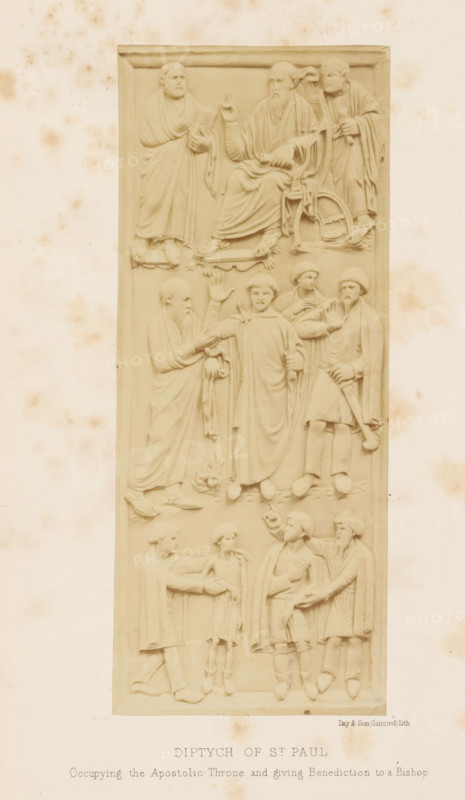 Diptych of St. Paul, photograph, page, inscription: 'Occupying the Apostolic Throne and giving Benediction to a Bishop', c. 1858 - in or before 1868, photographer, paper, albumen print, height 175 mm x width 72 mm, throne, the apostle Paul of Tarsus, possible attributes: book, scroll, sword, sculpture (relief, sculpture), A vertical carved panel in a light beige tone depicting three horizontal sections of robed figures in relief, with the top section showing seated and standing older men, the middle section featuring standing men in long robes with one figure raising an arm and others gesturing toward him, and the lower section presenting additional standing figures in simpler robes and cloaks interacting with one another; the panel is set against a pale, slightly spotted background and framed by a narrow border.