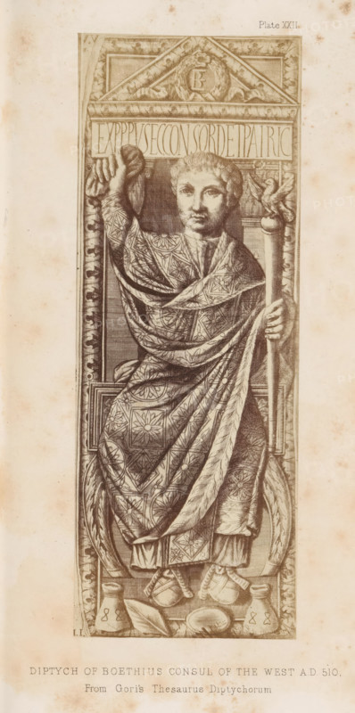 Diptych of Boethius consul of the West AD 510, photograph, reproduction, page, inscription: 'From Gori's Thesaurus Diptychorum', number: 'Plate XXII', after print by anonymous, c. 1858 - in or before 1868, photographer, after print by, paper, albumen print, albumendruk, height 182 mm x width 68 mm, ruler, sovereign, A tall vertical engraving of a robed male figure seated within a framed architectural niche, holding a staff in one hand and raising the other hand with a cloth draped over it, wearing a patterned garment covered in floral and geometric motifs, with detailed folds and layered fabric. The figure has short curly hair and a neutral facial expression, and stands on a base that includes small vessels and rounded objects. The niche surrounding the figure features ornamental borders, wreath and medallion decorations, and carved panels, with a rectangular inscription panel above the figure’s head. The overall image is monochromatic with sepia-toned aging and scattered foxing on the...