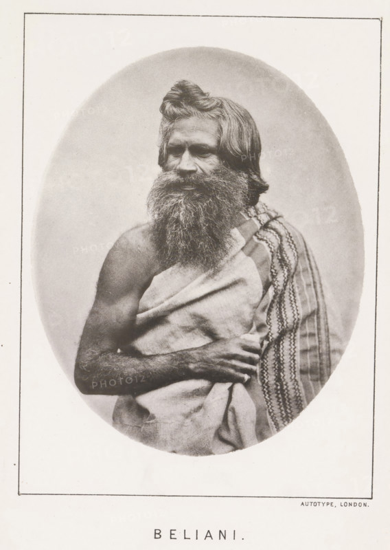 Beliani, page, photomechanical print, number: 'No. 26', photographer: Bourne & Shepherd, Nilgiris, photographer: Nicholas & Curths, cliché maker: anonymous, printer (person): Autotype Printing Company, London, c. 1863 - in or before 1873, printer (person), paper, collotype, photoprint, height 121 mm x width 99 mm, Print for page 215., adult man, A monochrome oval portrait of a bearded man shown from the torso up, with long hair pulled into a small top knot and a thick, full beard; he is draped in a plain cloth across his chest and a patterned textile over one shoulder, one arm folded across his body and the other arm partially visible, set against a light, softly shaded backdrop within a rectangular frame.