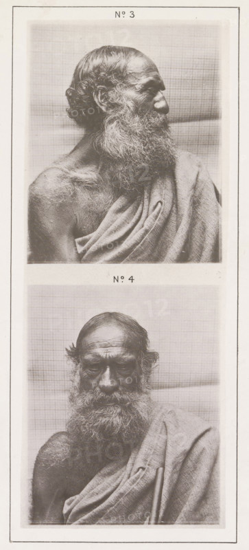 Two portraits of an old Todaman, page, photomechanical print, Above a profile photo, below a front view., number: 'No. 4', number: 'No. 3', photographer: Bourne & Shepherd, Nilgiris, photographer: Nicholas & Curths, clichémaker: anonymous, printer (person): Autotype Printing Company, London, c. 1863 - in or before 1873, printer (person), paper, collotype, photogravure, height 216 mm x width 138 mm, old man (front view), A tall rectangular print showing two black-and-white portrait photographs stacked vertically, each framed within the page; both portraits depict an older man with a long beard and draped cloth over one shoulder against a lightly checked backdrop, the top image showing a profile view of the man's head turned to the side and the bottom image showing a frontal view with the man's eyes cast downward, with visible textured beard hair, exposed shoulder and upper chest, and folds of the draped fabric.