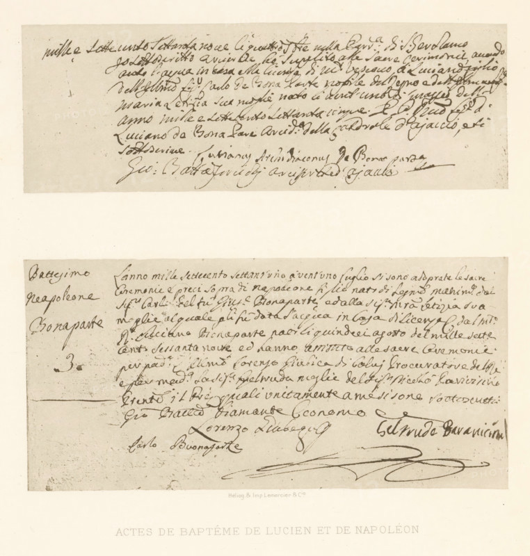 Actes de baptême de Lucien et de Napoléon, Two photo reproductions of the baptismal certificates of Lucien Bonaparte and Napoleon Bonaparte, reproduction, page, photomechanical print, photographer: Roland Napoleon Bonaparte, cliché maker: Lemercier & Cie., Paris, writer (clerical worker): Carlo Maria Buonaparte, c. 1881 - in or before 1890, writer (clerical worker), paper, photoaquatint, height 279 mm x width 223 mm, Page opposite page 20., handwriting, written text, A beige aged paper with two rectangular sections of cursive handwriting in dark brown ink, the upper section showing a narrow horizontal strip of densely written script and the lower section containing a larger block of flowing handwritten lines with a few prominent signatures and looping pen strokes near the bottom; margins around the handwritten areas are lighter and show small spots and uneven discoloration, and the overall image has a pale border with faint printed lettering centered along the bottom edge.