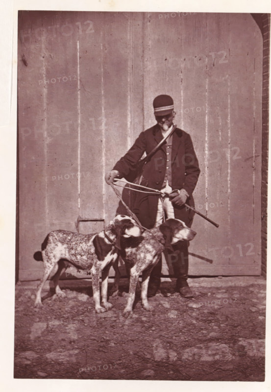 Hunter with the hunting dogs Cruelle and Généraux, page, photomechanical print, photographer: Léon Cremière, France, cliché maker: anonymous, c. 1869 - in or before 1879, paper, Woodburytype, Woodburytypepie, height 195 mm x width 132 mm, hunter, hunting dogs, A sepia-toned photograph showing a person standing in front of a tall wooden wall with vertical planks, wearing a dark coat, light trousers, gloves, and a cap with a horizontal band; the person holds a stick in one hand and several leashes or ropes in the other. In front of the person are two medium-to-large short-haired dogs with spotted coats and collars, standing close together and facing slightly to the right. The ground in the foreground is uneven and rocky. The image has a narrow white border around it.