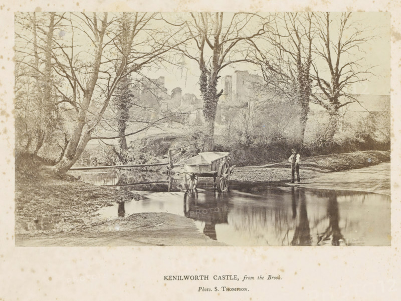 Ruined abbeys and castles of Great Britain and Ireland second series, book, name: 'Persevere Robert Thornton', writer (clerical worker): William Howitt, publisher: Alfred William Bennett, London, 1864, writer (clerical worker), textile materials, paper, linen (material), albumen print, color on cut, height 226 mm x width 175 mm x thickness 25 mm, A sepia-toned photograph showing a shallow brook with a wooden cart standing in the water near the bank, a man in period clothing standing beside the cart on the far bank, and several tall leafless trees with ivy climbing some trunks framing the scene; a low stone or earth embankment and reflected tree shapes appear in the water, and distant ruinous stone structures are partially visible through the branches.