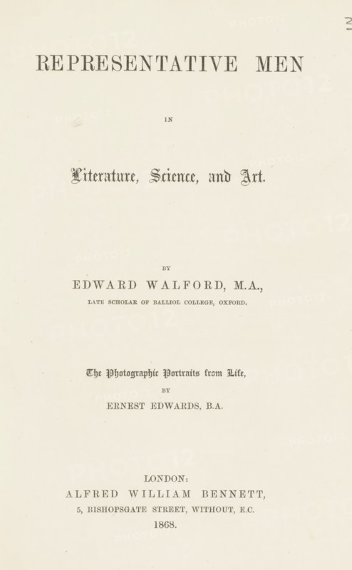 Representative men in literature, science, and art, book, inscription: 'ex libris SFJ', writer (clerical worker): Edward Walford, publisher: Alfred William Bennett, London, 1868, writer (clerical worker), textile materials, pasteboard, paper, linen (material), printing, albumen print, color on cut, height 227 mm x width 165 mm x thickness 22 mm, A vertically oriented page with dark printed headings and lines of ornate and regular type arranged down the center on a light cream background, showing variations in font style and weight, ornamental script lines interspersed with simple serif lines, and a few small smudges and faint blemishes on the paper.