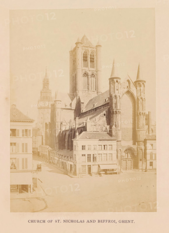 Church of St. Nicolas and beffroi, Ghent, photograph, page, c. 1856 - in or before 1866, photographer, paper, albumen print, height 161 mm x width 116 mm, church (exterior), tower, clock tower, monumental adornment, façade (of house or building), Sint-Niklaaskerk (Ghent), Belfort (Ghent)