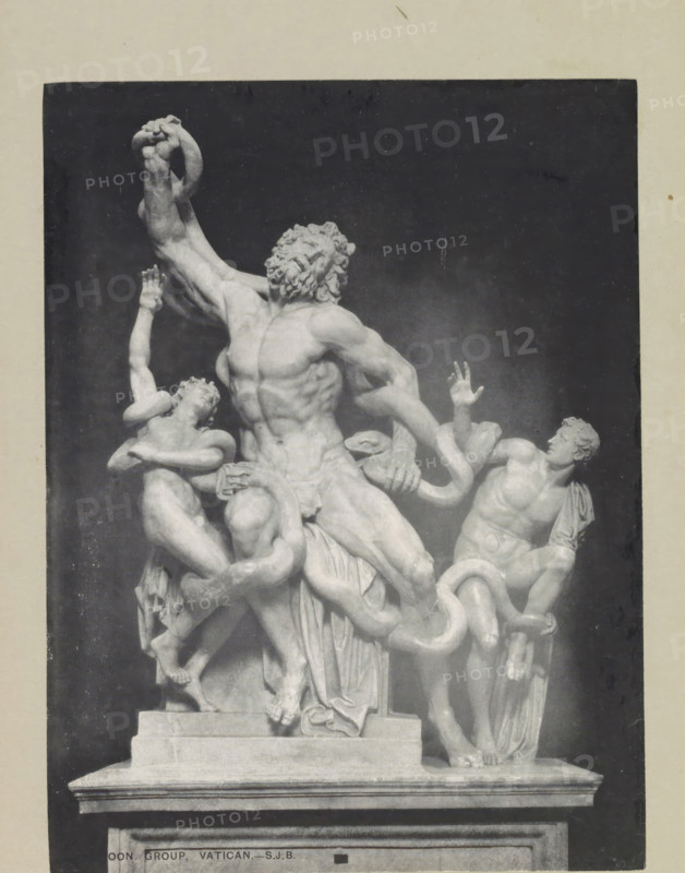 Laocoon group, page, photomechanical print, photographer: Samuel J. Beckett, Vatican Museums, c. 1890 - c. 1900, Vatican City, paper, collotype, photoprint, height 202 mm x width 152 mm, sculpture, Laocoon and his twin sons are strangled by two serpents during the preparations for a sacrifice, A grayscale photograph of a sculptural group showing three male figures entwined with sinuous serpents, all positioned on a rectangular pedestal; the central figure is muscular and seated with a turned torso and an anguished facial expression, one arm raised and gripping a serpent while the other arm reaches outward, a draped cloth around the hips; at the left a smaller figure is pressed against the central figure with an arm raised and a hand near the head, legs bent and body entwined by a serpent; at the right another male figure leans back with one arm lifted and fingers splayed, the other arm and legs wrapped by a serpent and a piece of drapery hanging from the shoulder; the serpents coil aro...